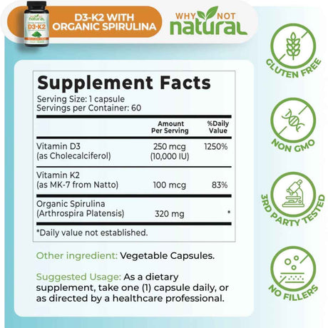 Tabla nutricional del suplemento Why Not Natural Vitamina D3 y K2 60 cápsulas
