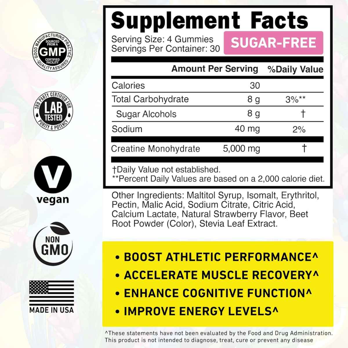 Tabla nutricional del suplemento Wild Gainz Monohidrato de Creatina sabor Fresa Sin Azúcar 120 gomitas