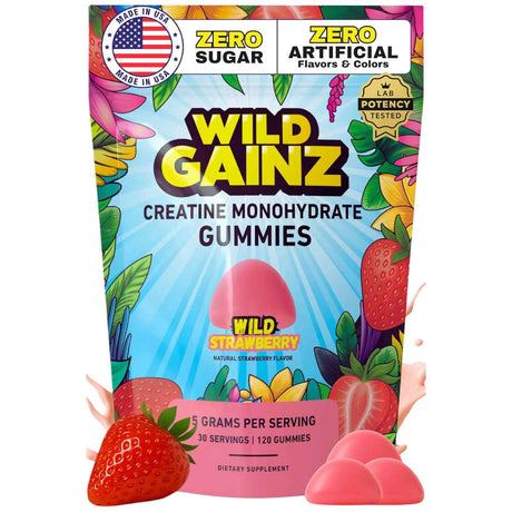 Bolsa de suplemento Wild Gainz Monohidrato de Creatina sabor Fresa Sin Azúcar 120 gomitas