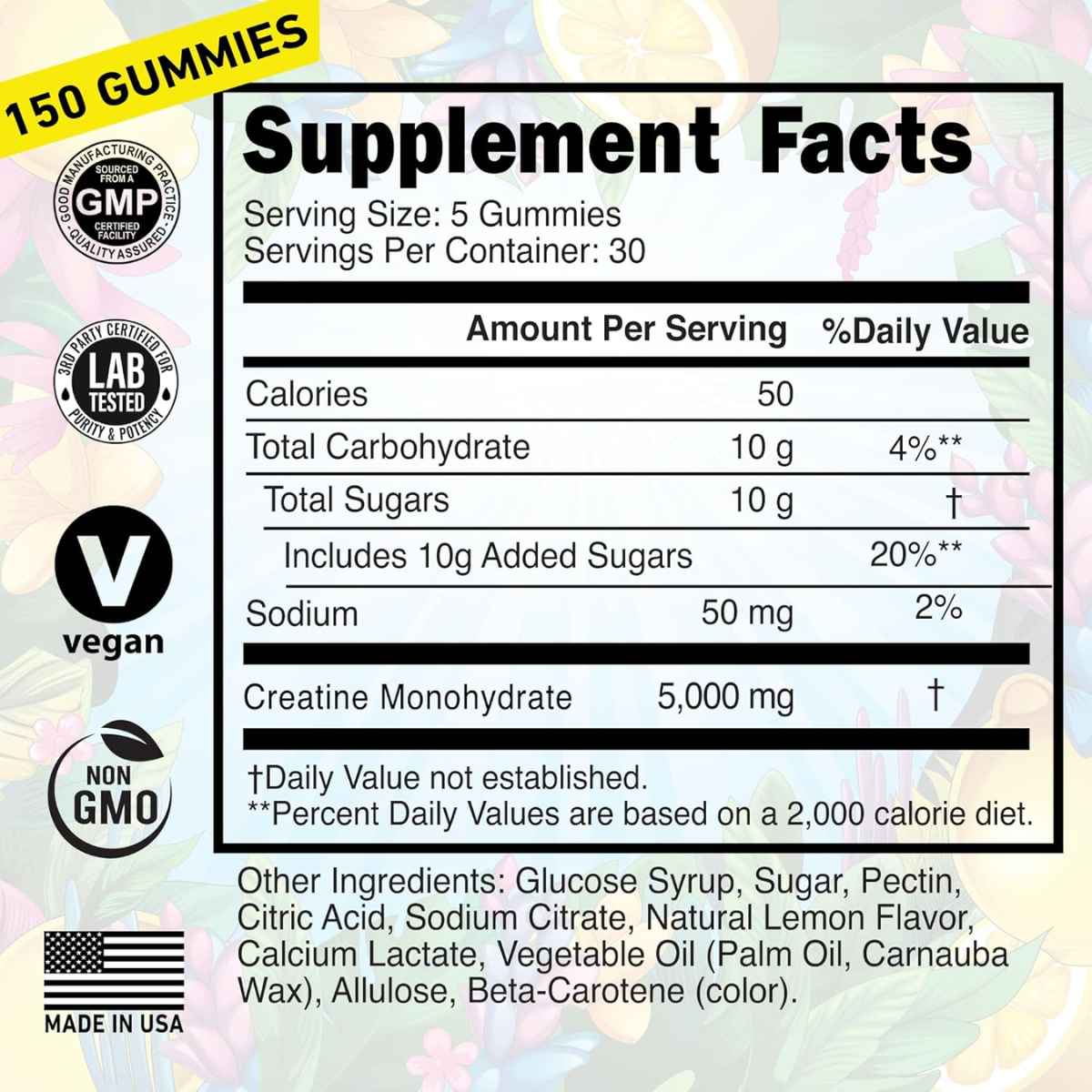 Tabla nutricional del suplemento Wild Gainz Monohidrato de Creatina sabor Limón 150 gomitas