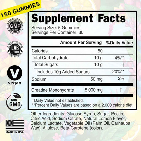 Tabla nutricional del suplemento Wild Gainz Monohidrato de Creatina sabor Limón 150 gomitas