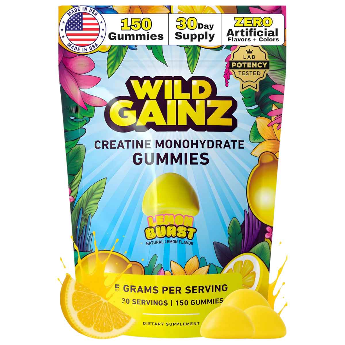 Bolsa de suplemento Wild Gainz Monohidrato de Creatina sabor Limón 150 gomitas