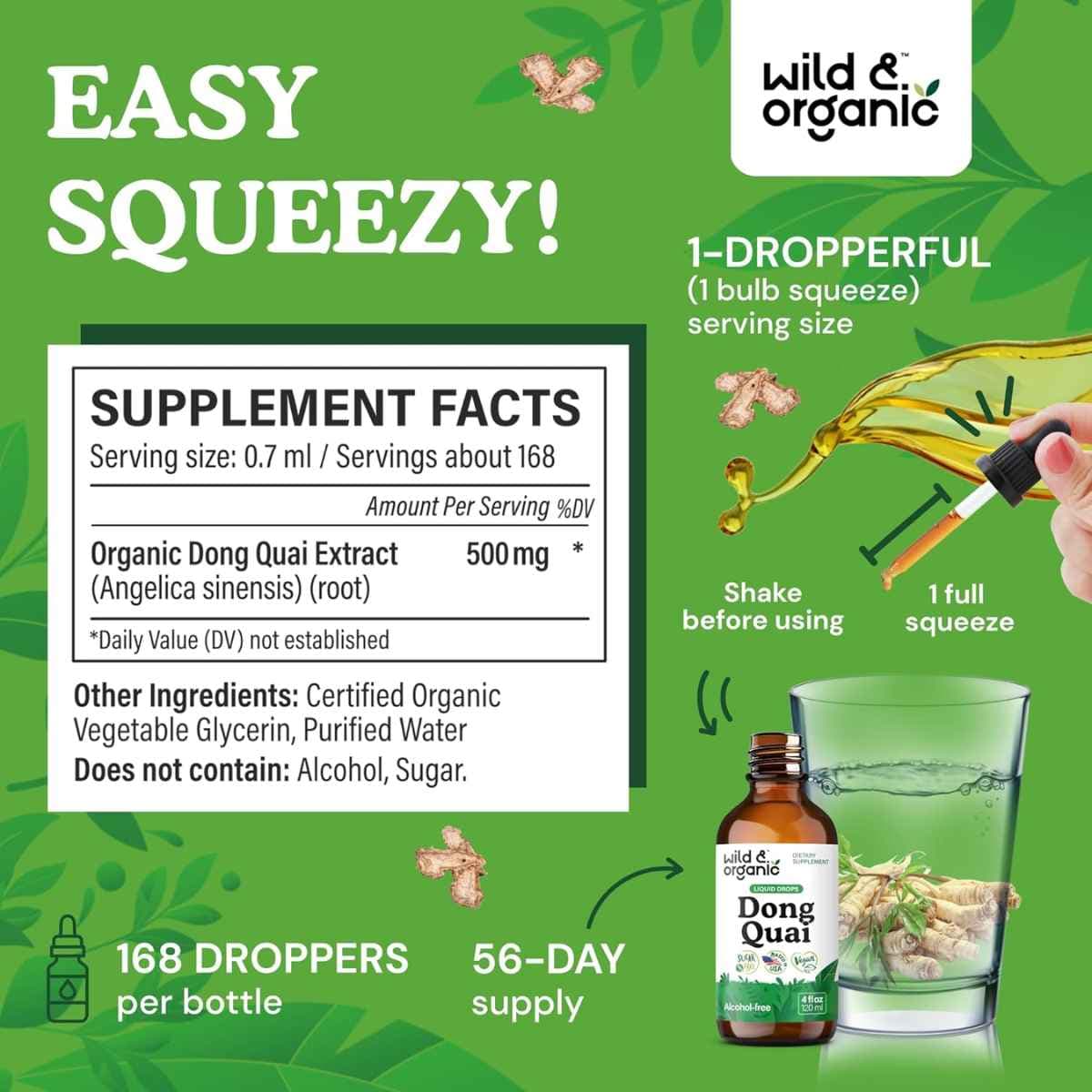 Tabla nutricional del suplemento Wild & organic Extracto Orgánico de Angélica China 120 ml Gotas