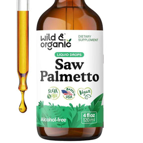 Frasco de suplemento Wild & Organic Extracto de Baya de Saw Palmetto Orgánico 120 ml Gotas Líquidas
