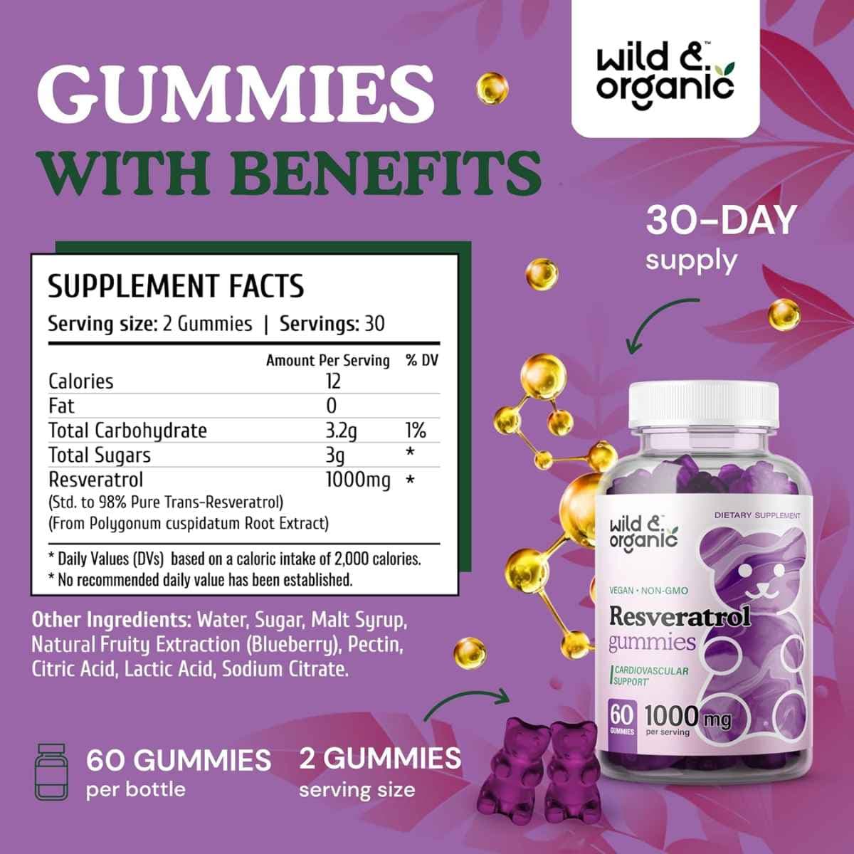 Tabla nutricional del suplemento Wild & Organic Resveratrol sabor Arándano Azul 60 gomitas