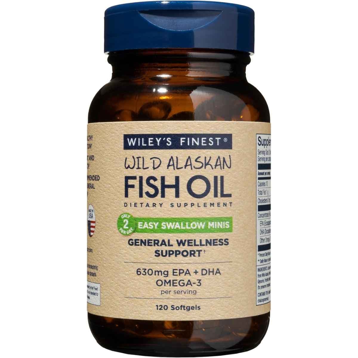 Frasco frontal de Wileys Finest aceite de pescado Omega 3, presentación de 120 mini cápsulas blandas.