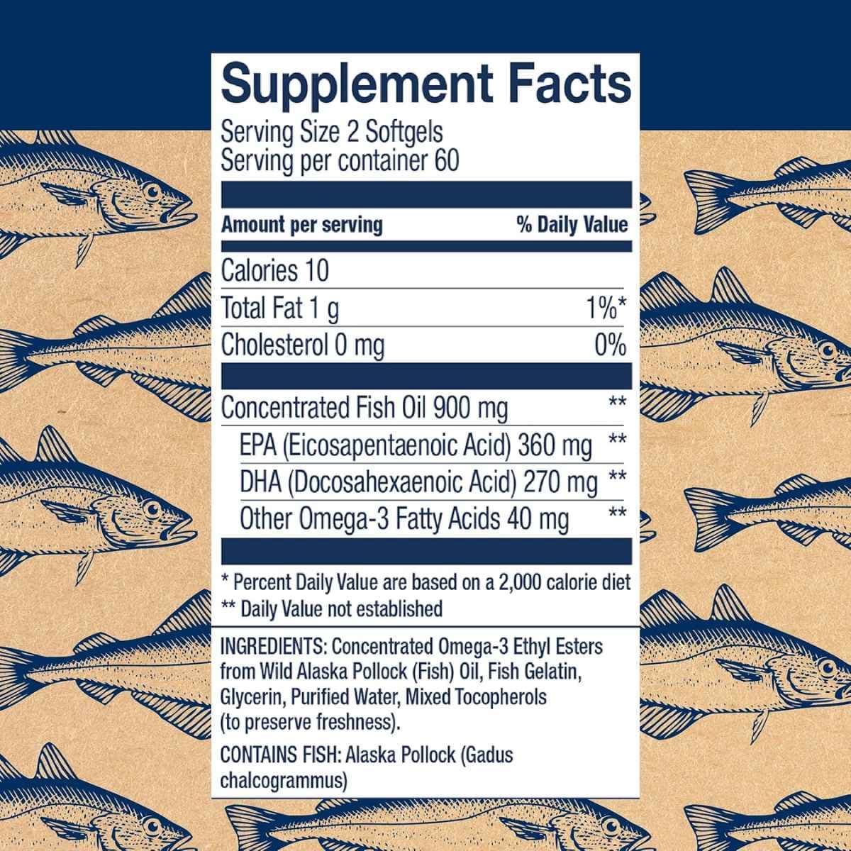 Tabla de suplementos de Wileys Finest aceite de pescado Omega 3, presentación de 120 mini cápsulas blandas.