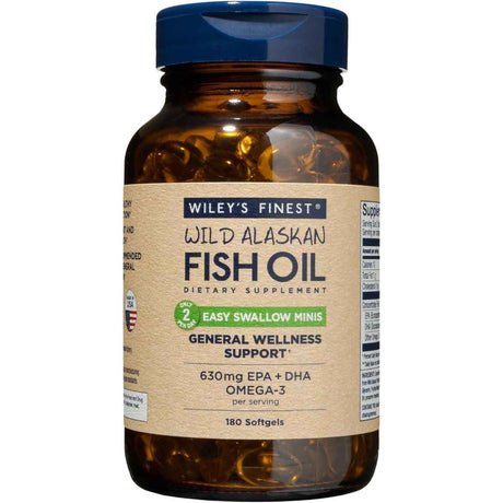 Frasco frontal de Wileys Finest aceite de pescado Omega 3, presentación de 180 mini cápsulas blandas.