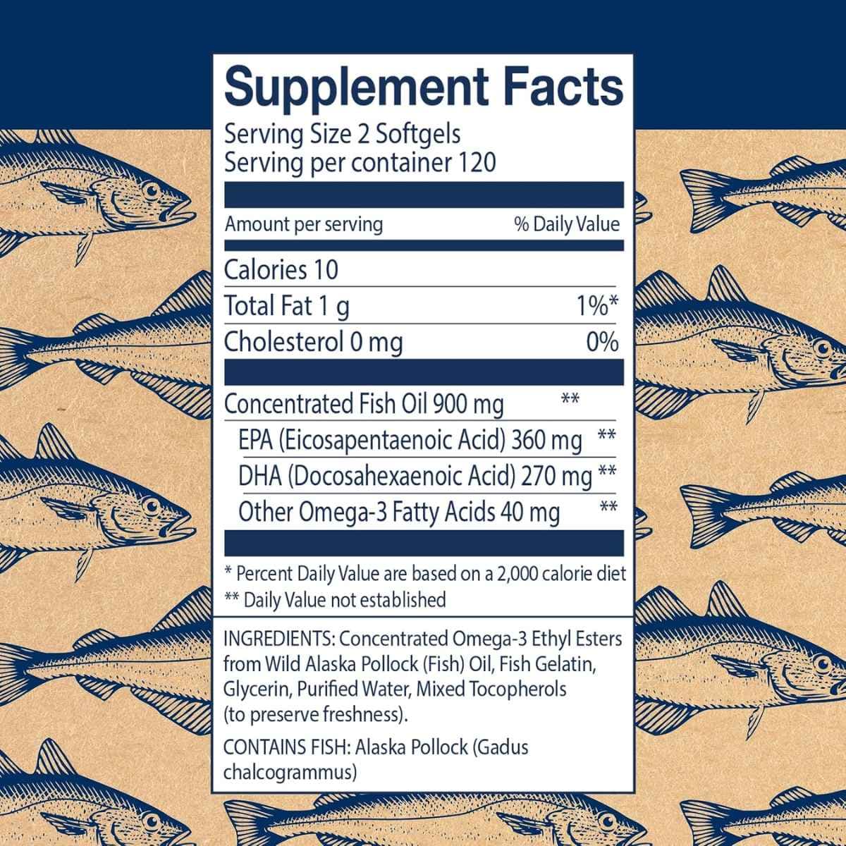 Tabla de suplementos de Wileys Finest aceite de pescado Omega 3, presentación de 240 mini cápsulas blandas.