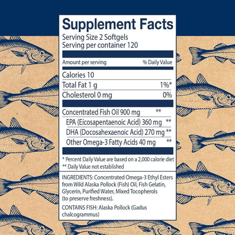 Tabla de suplementos de Wileys Finest aceite de pescado Omega 3, presentación de 240 mini cápsulas blandas.