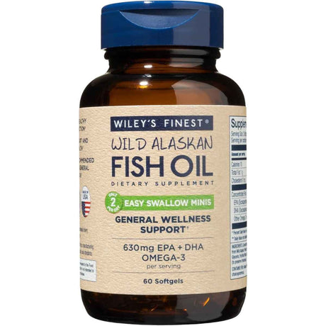 Frasco frontal de Wileys Finest aceite de pescado Omega 3, presentación de 60 mini cápsulas blandas.