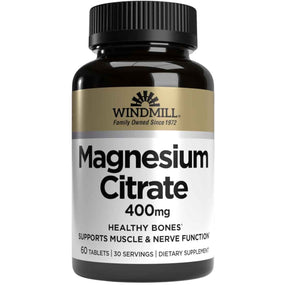 Suplemento Windmill Magnesium Citrate 400 mg en tabletas, frasco con 60 tabletas