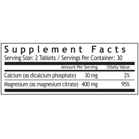Tabla nutricional del suplemento Windmill Magnesium Citrate 400 mg, 60 tabletas