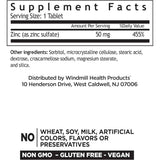 Tabla nutricional del suplemento Windmill Natural Vitamins Sulfato de Zinc 50 mg 90 tabletas