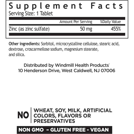 Tabla nutricional del suplemento Windmill Natural Vitamins Sulfato de Zinc 50 mg 90 tabletas