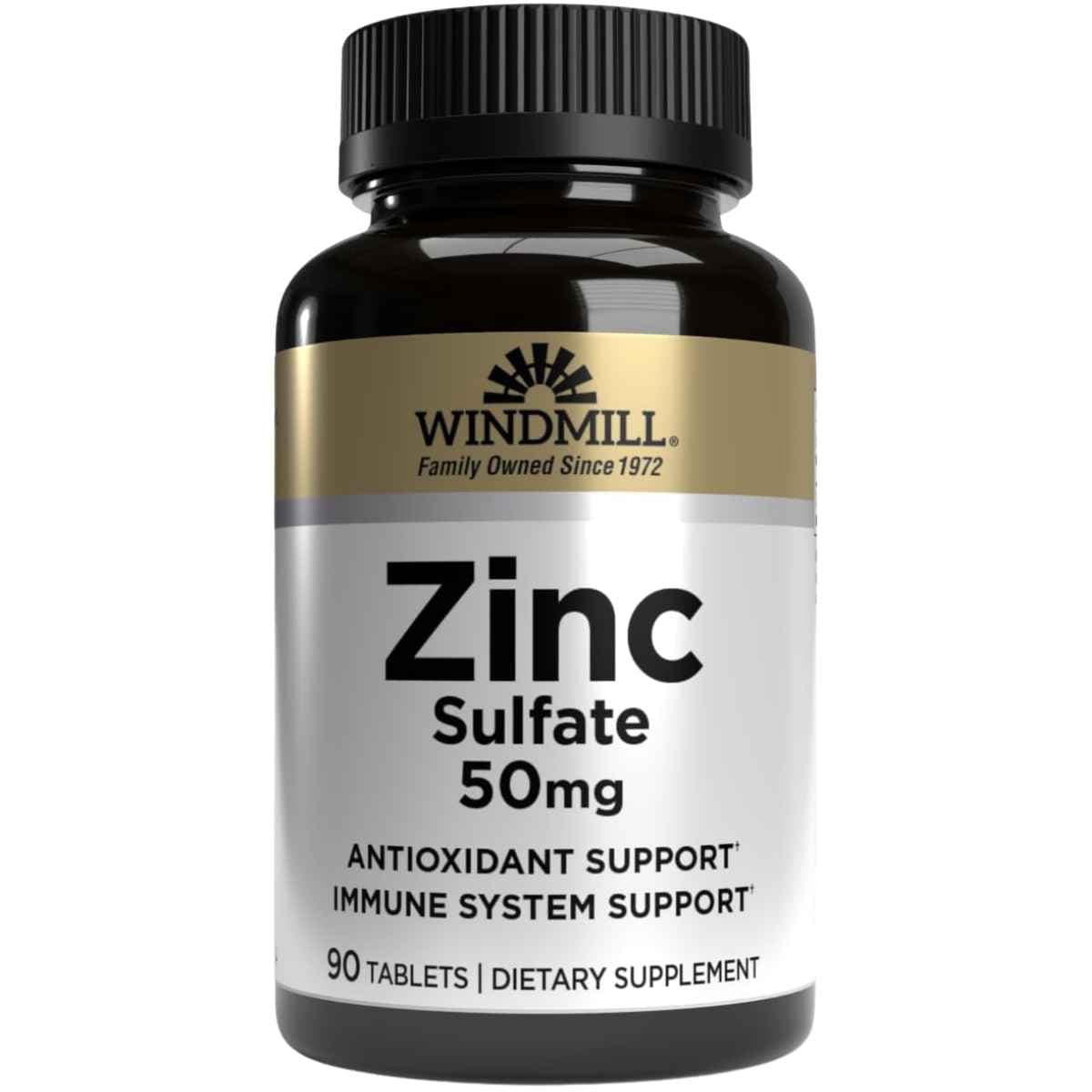 Frasco de suplemento Windmill Natural Vitamins Sulfato de Zinc 50 mg 90 tabletas