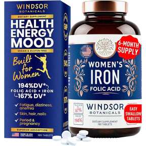 Frasco de suplemento Windsor Botanicals Hierro para Mujer 180 tabletas