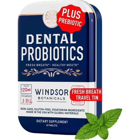 Frasco de suplemento Windsor Botanicals Probióticos Dentales 45 Tabletas Masticables