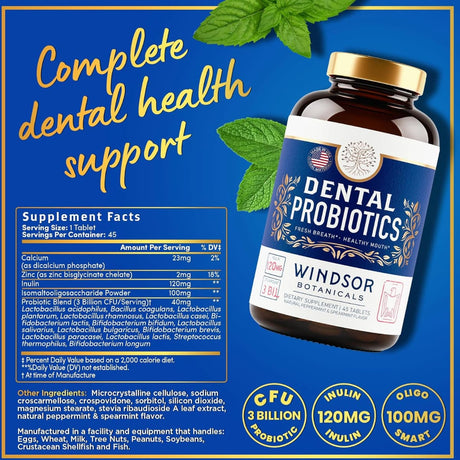 Tabla nutricional del suplemento Windsor Botanicals Probióticos Dentales 45 tabletas
