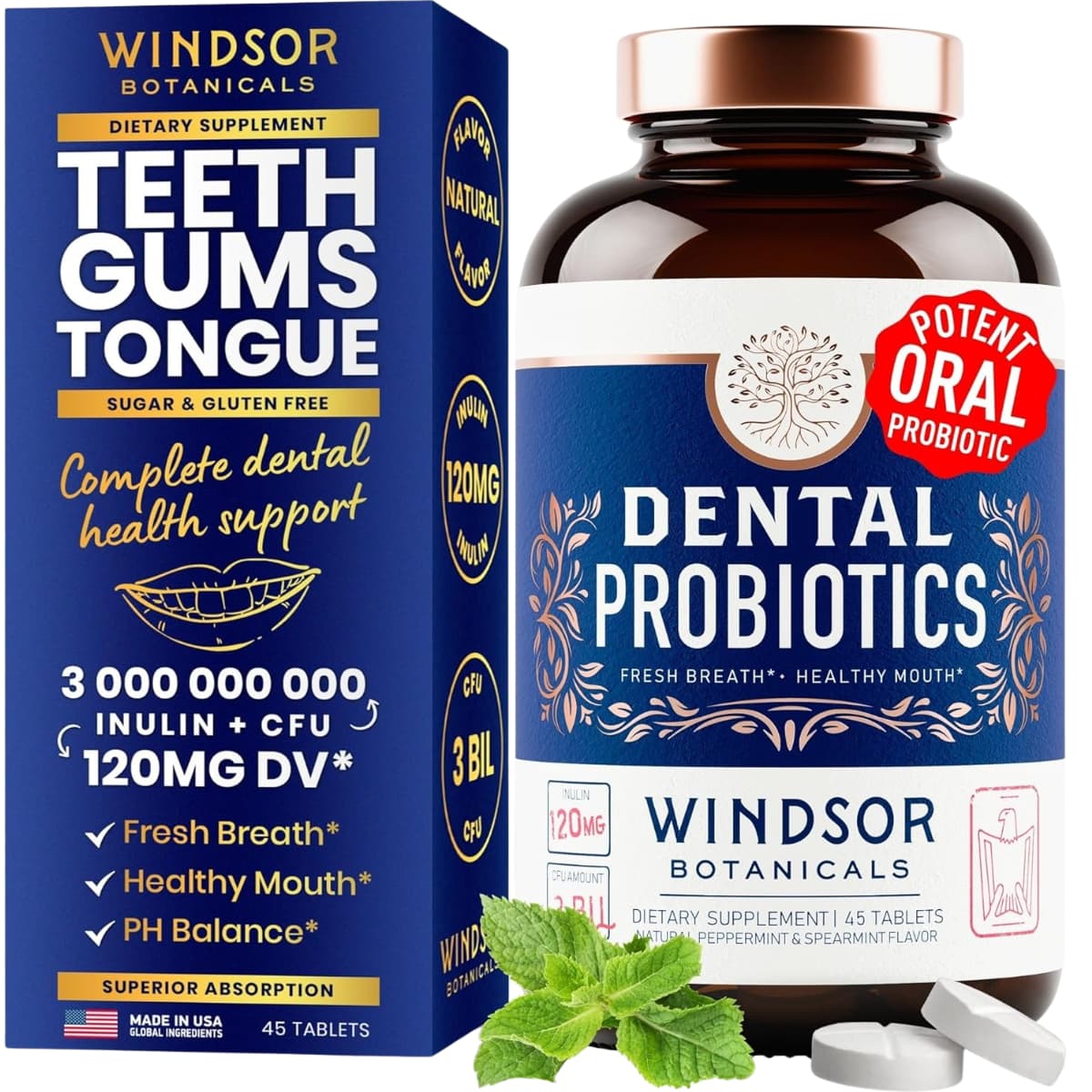 Frasco de suplemento Windsor Botanicals Probióticos Dentales 45 tabletas
