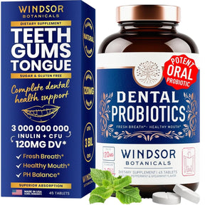 Frasco de suplemento Windsor Botanicals Probióticos Dentales 45 tabletas