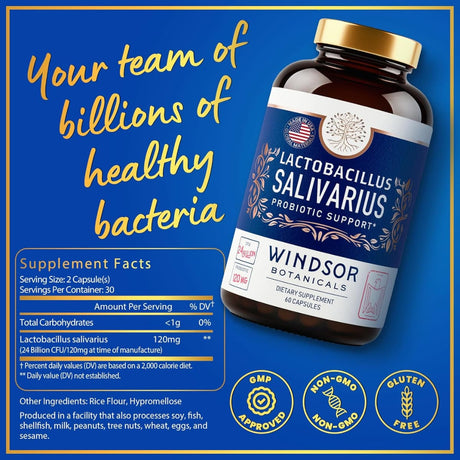 Tabla nutricional del suplemento Windsor Lactobacillus Salivarius 24 B CFU 60 cápsulas