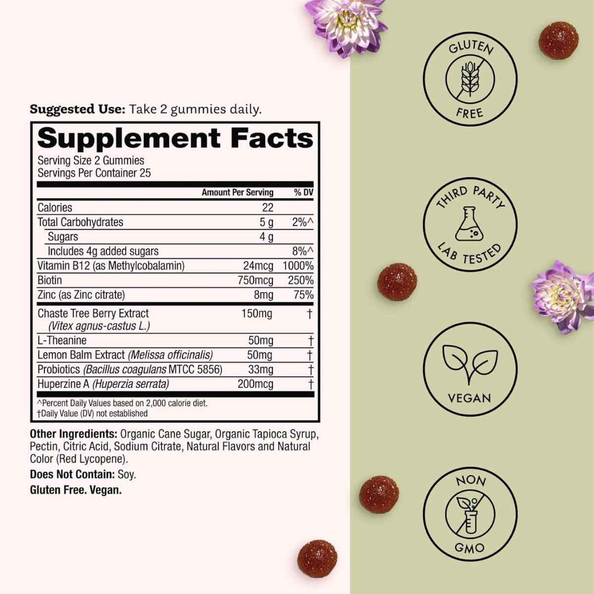 Tabla nutricional del suplemento Winged Wellness Teen Queen Gomitas Manzana Verde 50 Gomitas Veganas