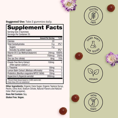 Tabla nutricional del suplemento Winged Wellness Teen Queen Gomitas Manzana Verde 50 Gomitas Veganas