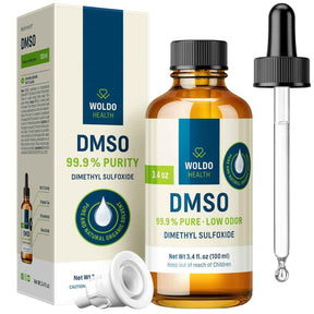 Botella, caja y gotero de WOLDO HEALTH DMSO dimetilsulfóxido 99.9%, presentación de 100 ml.