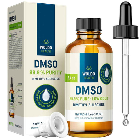 Botella, caja y gotero de WOLDO HEALTH DMSO dimetilsulfóxido 99.9%, presentación de 100 ml.