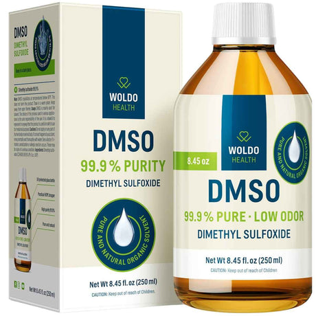 Botella y caja de WOLDO HEALTH DMSO dimetilsulfóxido 99.9%, presentación de 250 ml.