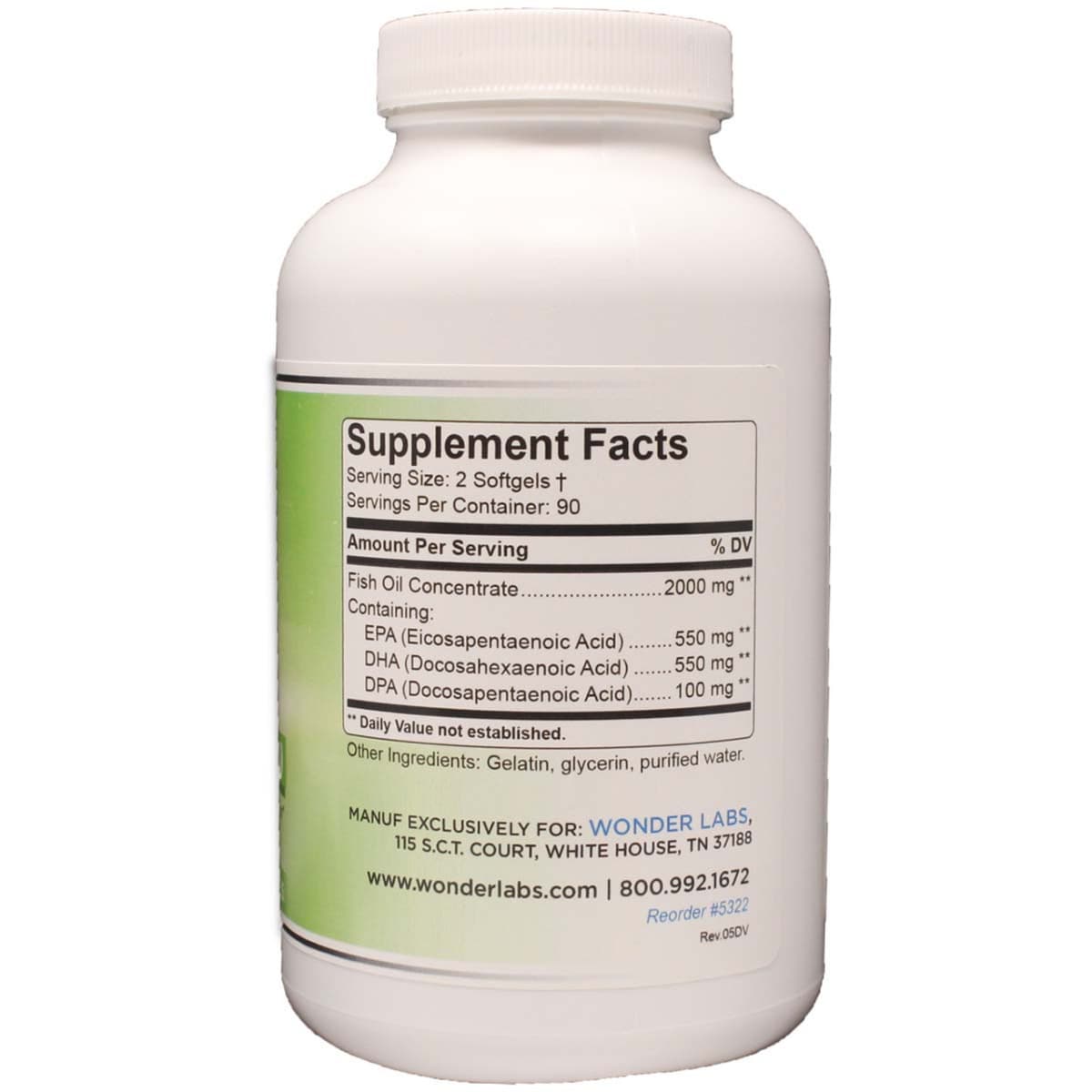 Tabla nutricional del suplemento WonderLabs EZ Omega-3 Aceite de Pescado Menhaden 180 cápsulas blandas