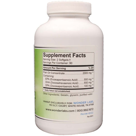 Tabla nutricional del suplemento WonderLabs EZ Omega-3 Aceite de Pescado Menhaden 180 cápsulas blandas