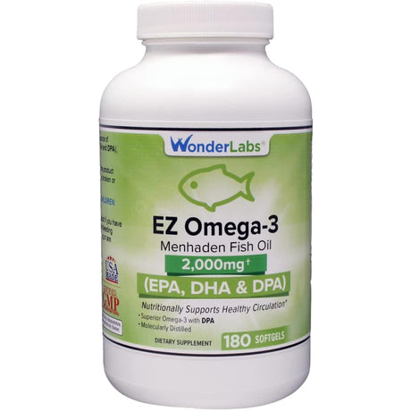 Frasco de suplemento WonderLabs EZ Omega-3 Aceite de Pescado Menhaden 180 cápsulas blandas