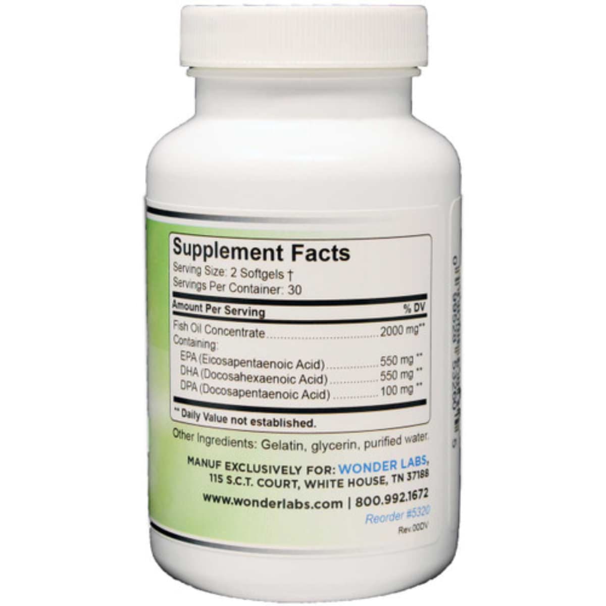 Tabla nutricional del suplemento WonderLabs EZ Omega-3 Aceite de Pescado Menhaden 90 cápsulas blandas