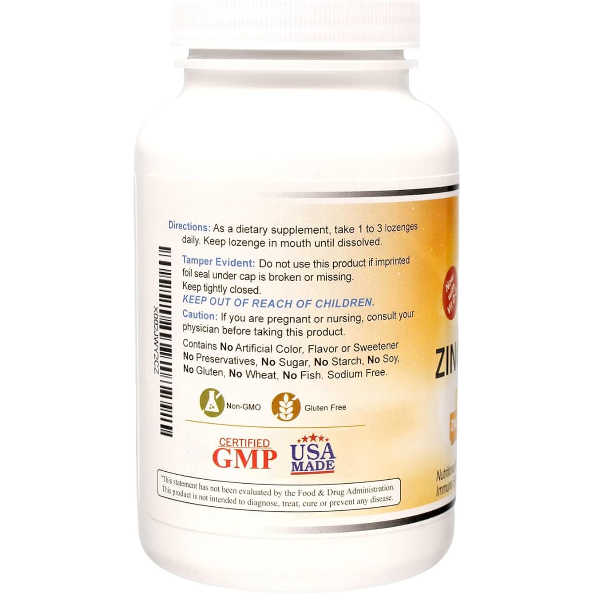 Etiqueta con información del suplemento WonderLabs Tabletas de Zinc con Vitamina C, D-3 y B-6 Sabor Frutal 100 tabletas