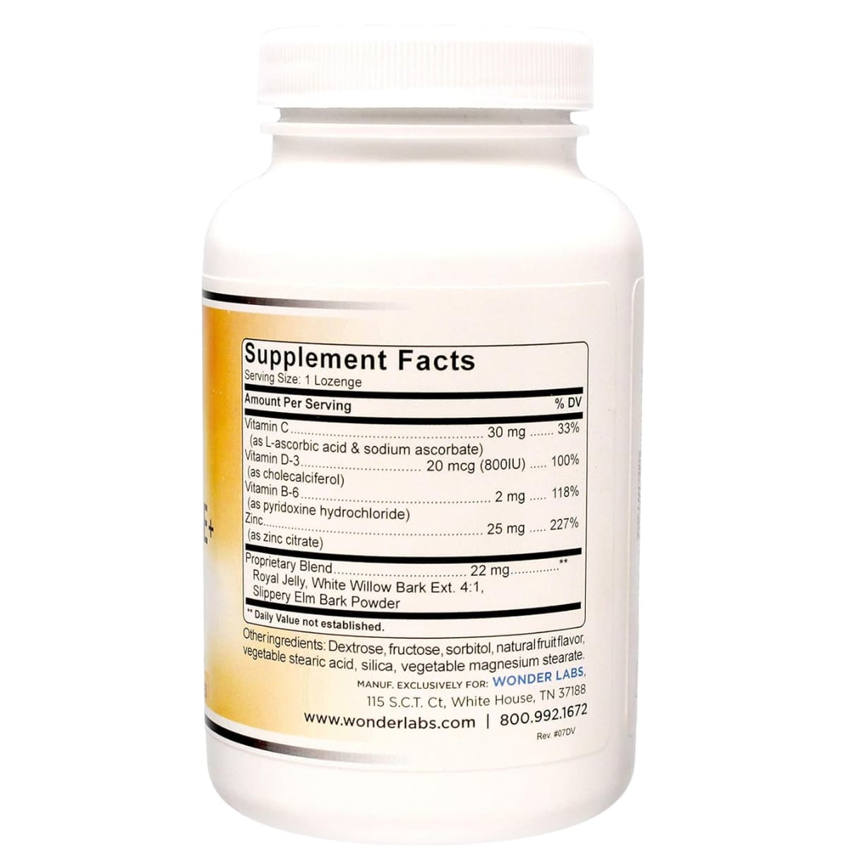 Tabla nutricional del suplemento WonderLabs Tabletas de Zinc con Vitamina C, D-3 y B-6 Sabor Frutal 100 tabletas