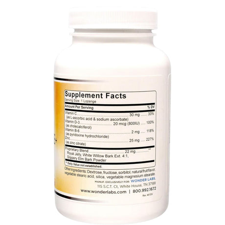 Tabla nutricional del suplemento WonderLabs Tabletas de Zinc con Vitamina C, D-3 y B-6 Sabor Frutal 100 tabletas