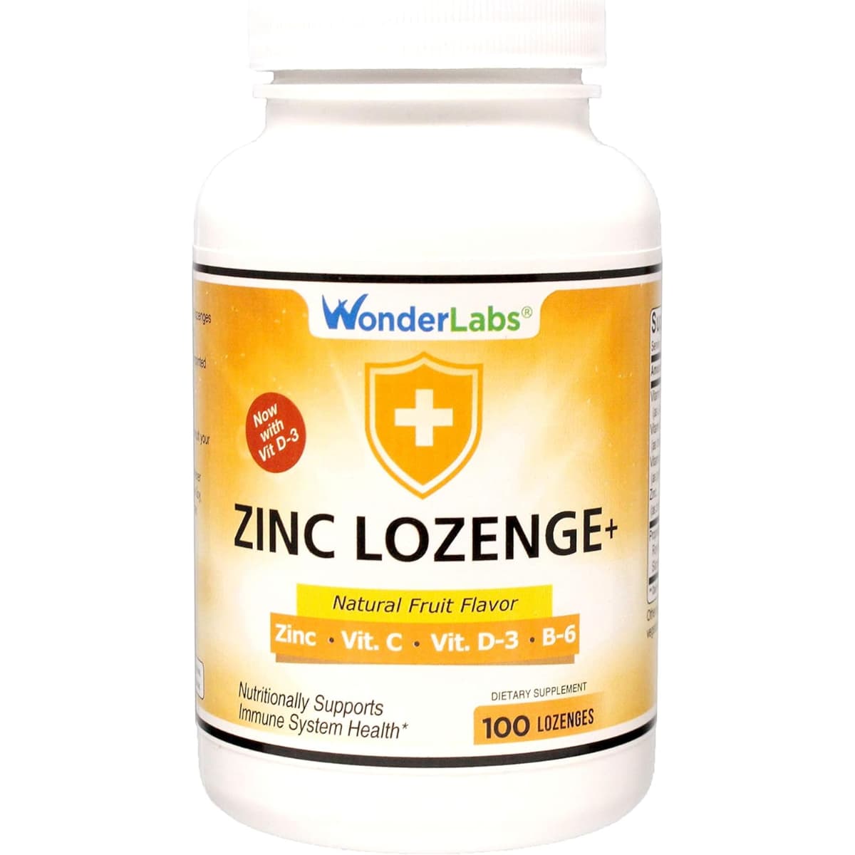 Frasco de suplemento WonderLabs Tabletas de Zinc con Vitamina C, D-3 y B-6 Sabor Frutal 100 tabletas