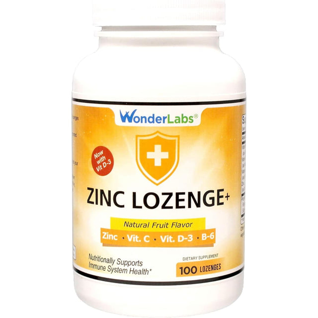 Frasco de suplemento WonderLabs Tabletas de Zinc con Vitamina C, D-3 y B-6 Sabor Frutal 100 tabletas