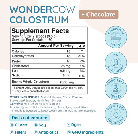 Tabla nutricional del suplemento WonderCow Calostro Bovino Chocolate 209 g polvo