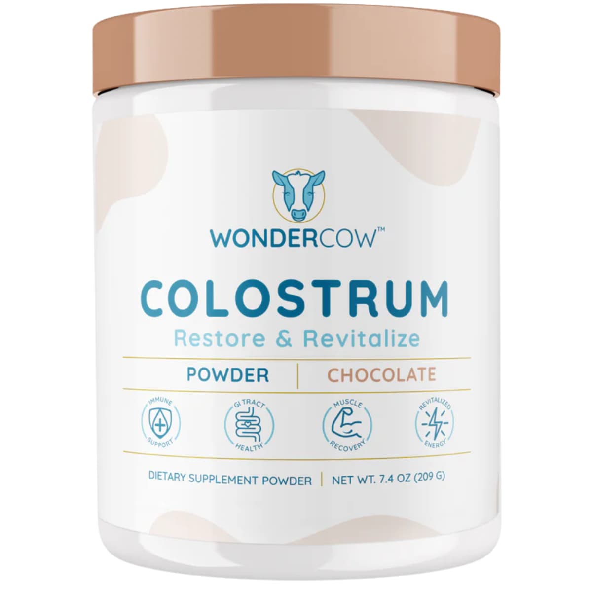 Frasco de suplemento WonderCow Calostro Bovino Chocolate 209 g polvo
