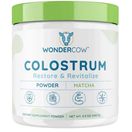 Frasco de suplemento WonderCow Calostro Bovino Matcha 140 g polvo