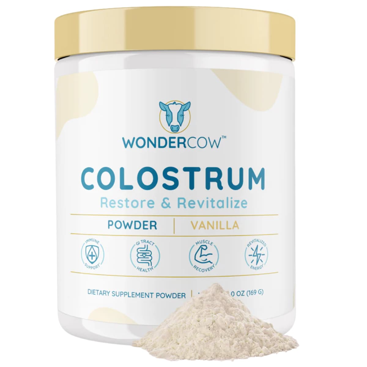 Frasco de suplemento WonderCow Calostro Bovino Vainilla 169 g polvo