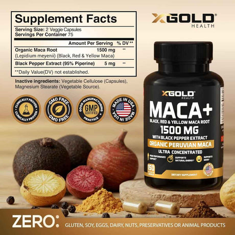 Tabla nutricional del suplemento X Gold Health Maca Peruana Orgánica 150 cápsulas