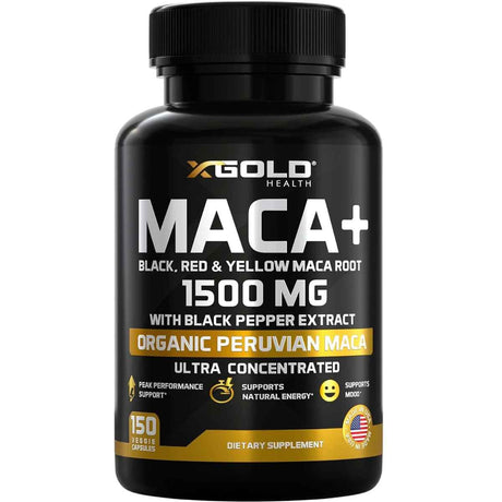 Frasco de suplemento X Gold Health Maca Peruana Orgánica 150 cápsulas
