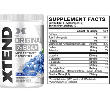 Tabla nutricional del suplemento Xtend Original 7G BCAA Frambuesas Azules 30 servicios