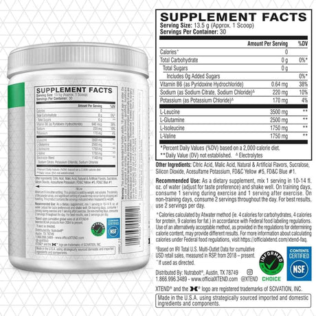 Tabla nutricional del suplemento Xtend Original 7G BCAA Lima Limón 30 servicios