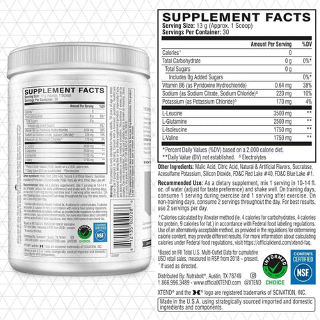 Tabla nutricional del suplemento Xtend Original 7G BCAA Ponche de Frutas 30 servicios