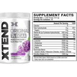 Tabla nutricional del suplemento Xtend Original 7G BCAA Uva Glacial 30 servicios